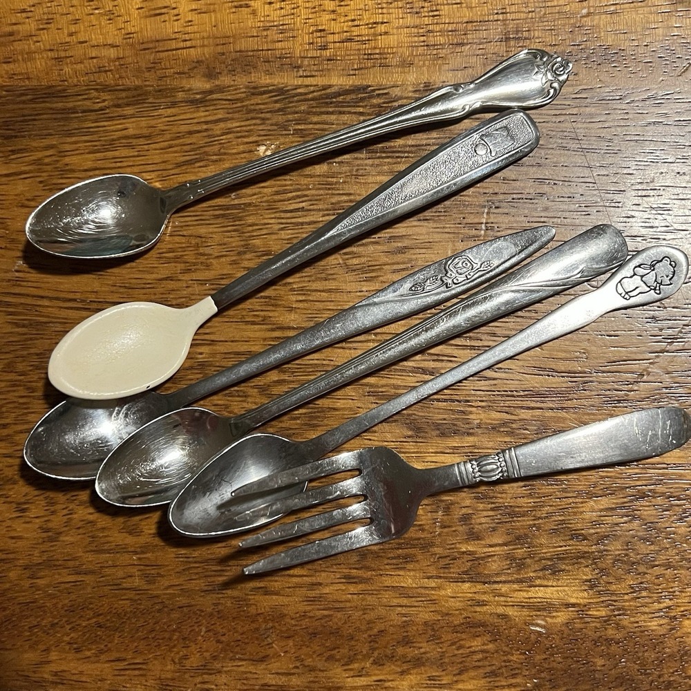 Lot of 6 Vintage Baby Toddler Flatware Spoons Fork Oneida Wm Rogers NASCO 1980s
